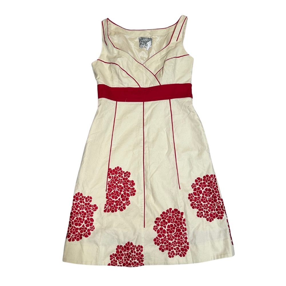 Floreat Cream Midi Dress with Red Floral Motif and Waistband